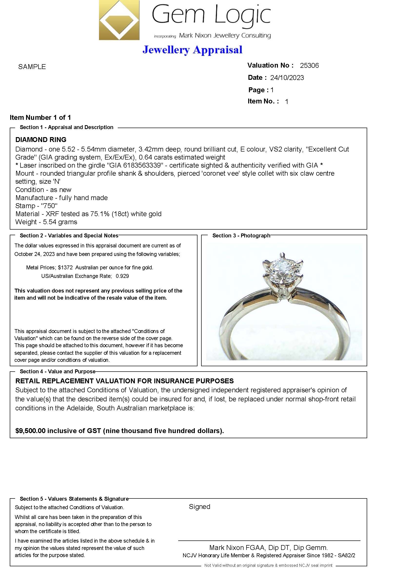 Sample Jewellery Valuation Document - Gem Logic